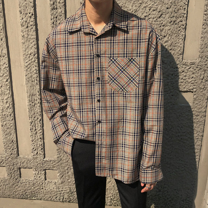 Mens Loose Vintage Long Sleeve Plaid Shirt