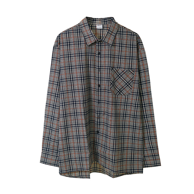 Mens Loose Vintage Long Sleeve Plaid Shirt