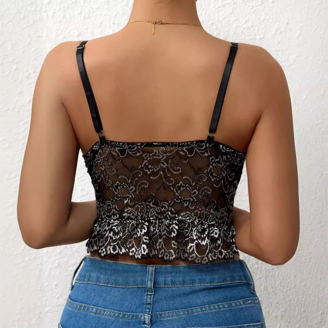 Color Matching Lace Pleated Hem Fishbone Women's Camisole