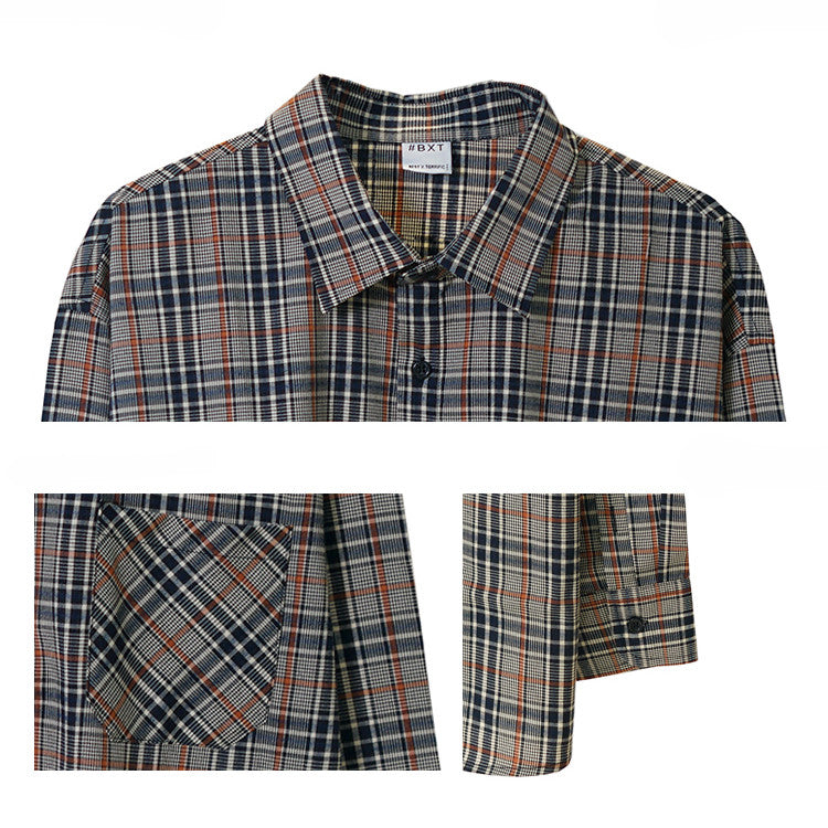 Mens Loose Vintage Long Sleeve Plaid Shirt