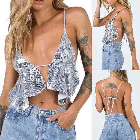 Women's V-neck Lace Up Beaded Backless Camisole Vest