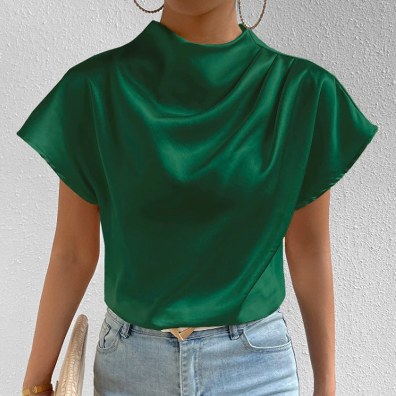 European And American Round Neck Solid Color Temperament Folding Loose Women's Tops