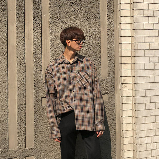 Mens Loose Vintage Long Sleeve Plaid Shirt